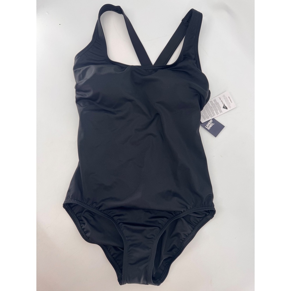 Lands End One Piece Swimsuit Women 8 Black High Leg Tugless Tank Cross Back NWT